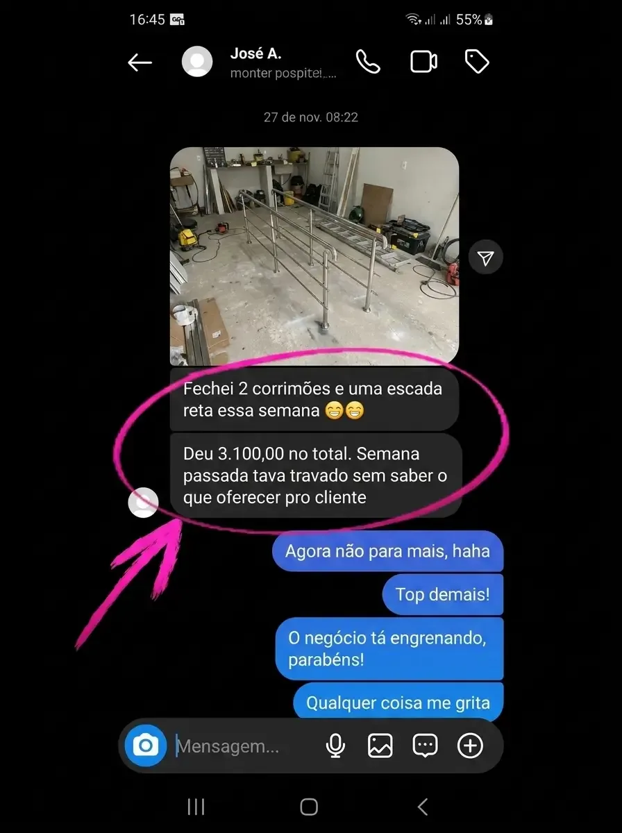 Depoimento de José A. — fechou 2 corrimões e uma escada reta na semana, faturou R$3.100