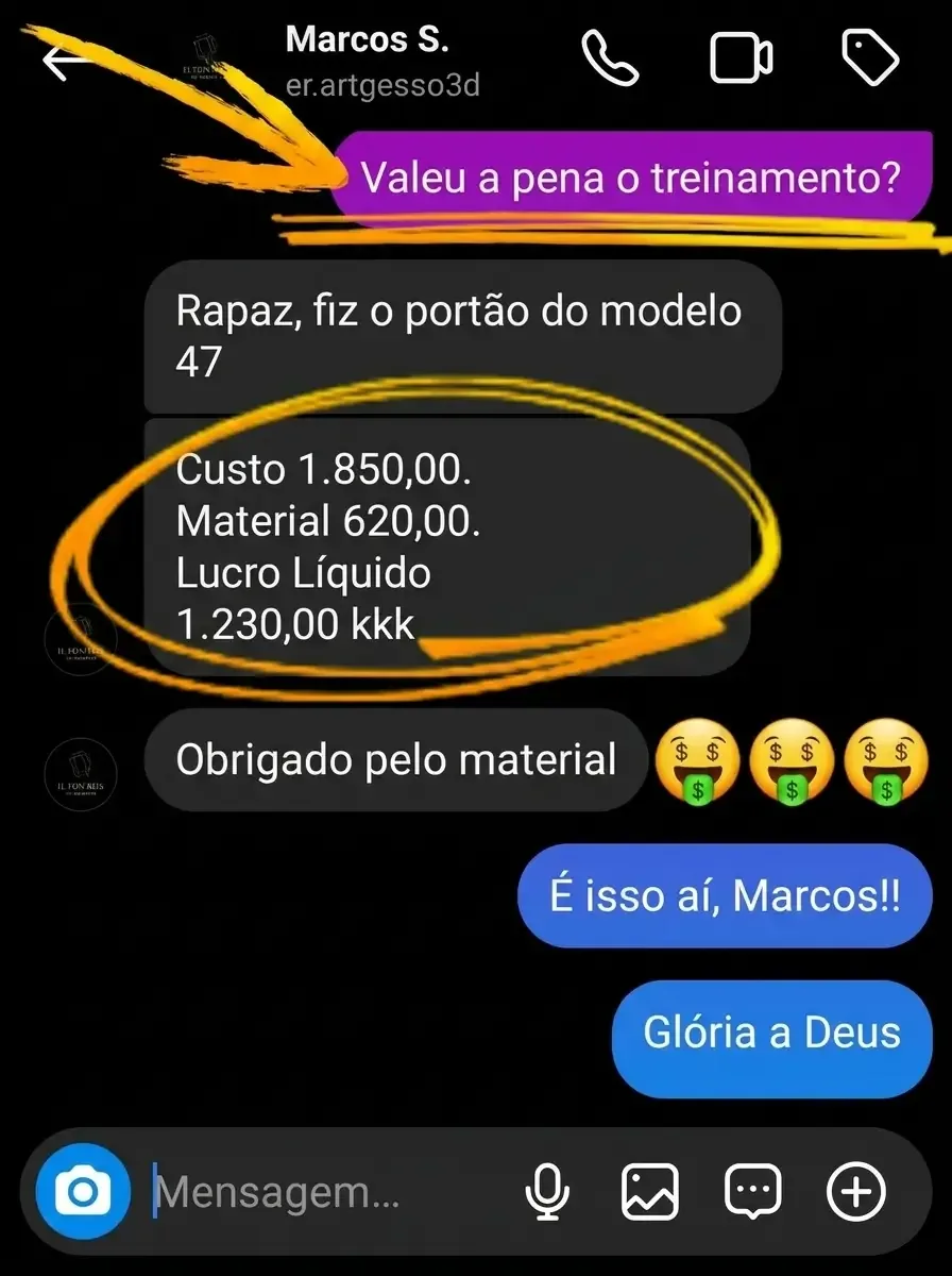 Depoimento de Marcos S. — fez o portão modelo 47, custo R$620, vendeu por R$1.850, lucro líquido R$1.230